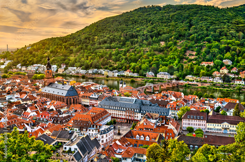 Skyline of Heidelberg at sunset in Baden-Wuerttemberg, Germany