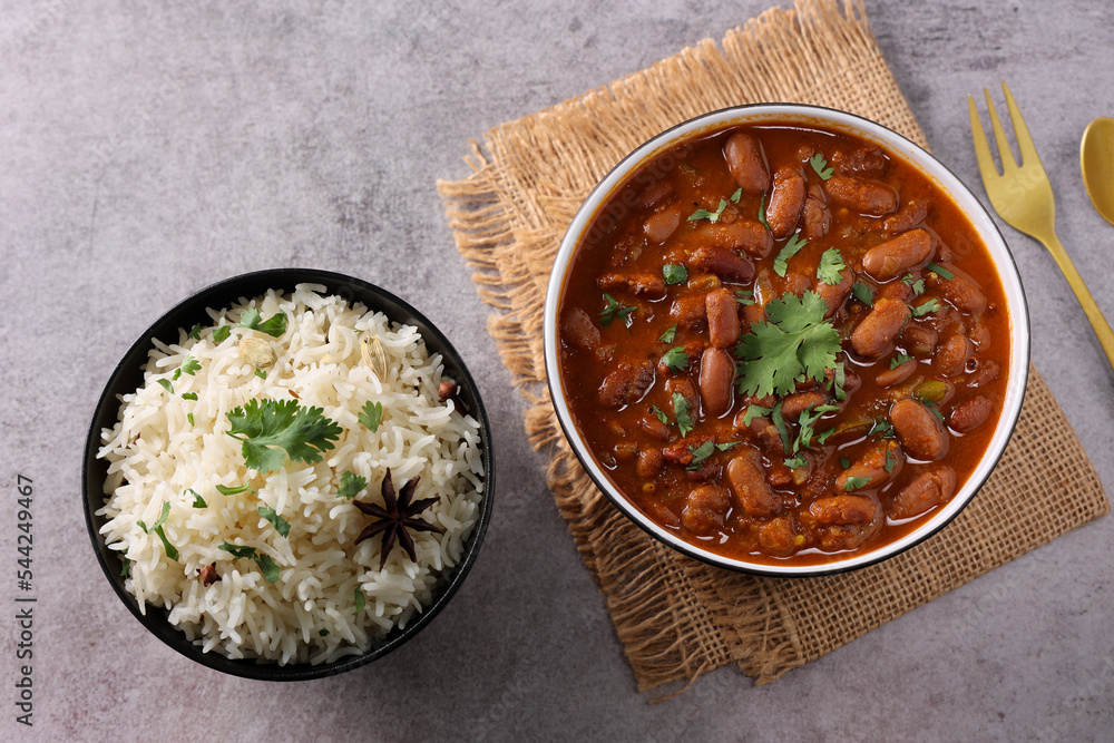 Kidney bean curry or rajma or rajmah chawal and rice roti, typical