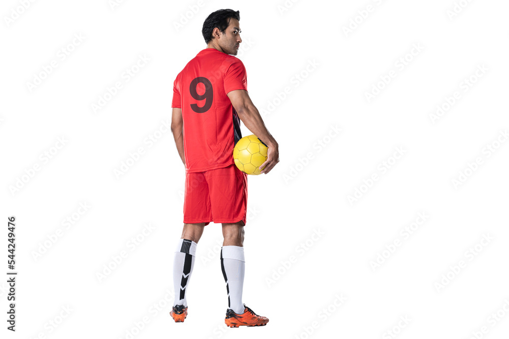 professional football player in red training uniform pose on a white background football concept Active.