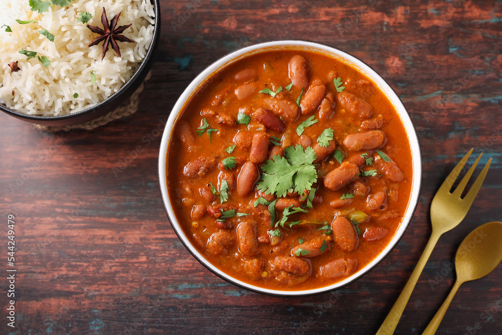 Kidney bean curry or rajma or rajmah chawal and rice roti, typical