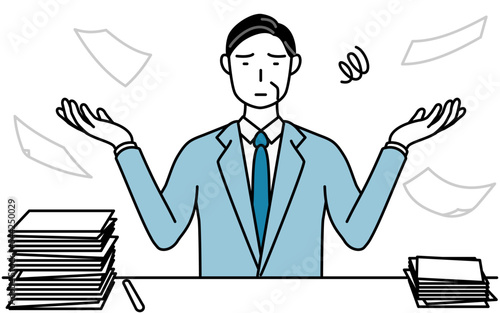 片付かない業務にうんざりするシニアビジネスマン、経営者・管理職・社長のシンプルな線画イラスト