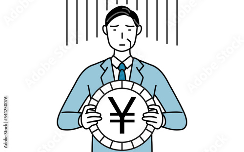 為替差損や円安のイメージ、シニアビジネスマン、経営者・管理職・社長のシンプルな線画イラスト