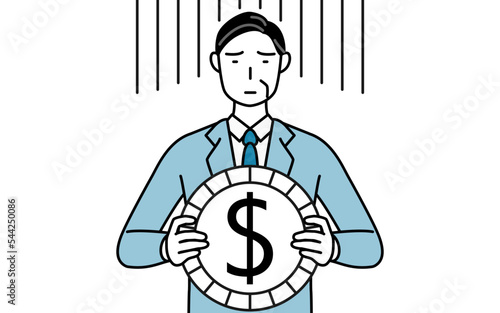 為替差損やドル安のイメージ、シニアビジネスマン、経営者・管理職・社長のシンプルな線画イラスト