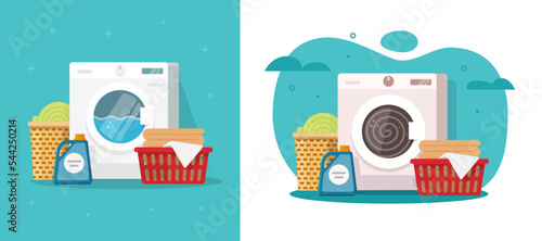 Laundry washer and dry machine cleaning service flat vector graphic or launderette washroom cleaning laundromat for household appliance illustration, dirty and clean towel duvet clothes laundromat