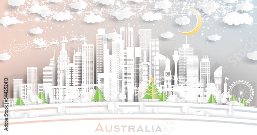 Australia City Skyline in Paper Cut Style with Snowflakes, Moon and Neon Garland.