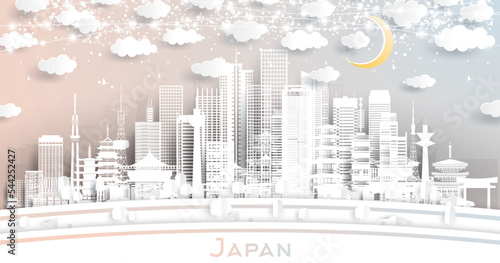 Canvas Print Japan City Skyline in Paper Cut Style with White Buildings, Moon and Neon Garland