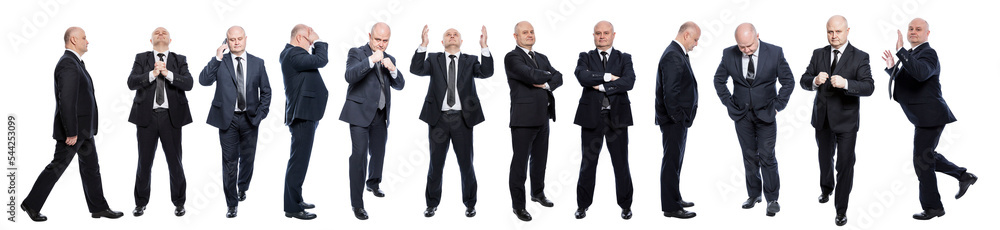 A set of images of a bald man in a black formal suit in various poses. Business, success and failure. Full height. Isolated on white background. Panorama format. A set of images of a bald man in a black formal suit in various poses. Business, success and failure. Full height. Isolated on white background. Panorama format.