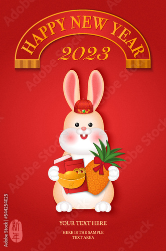 2023 Chinese new year of cute cartoon rabbit standing holding golden ingot red envelope and pineapple. Chinese translation : New year