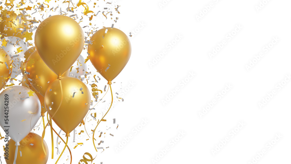 Gold and silver balloons with foil confetti falling on white background ...