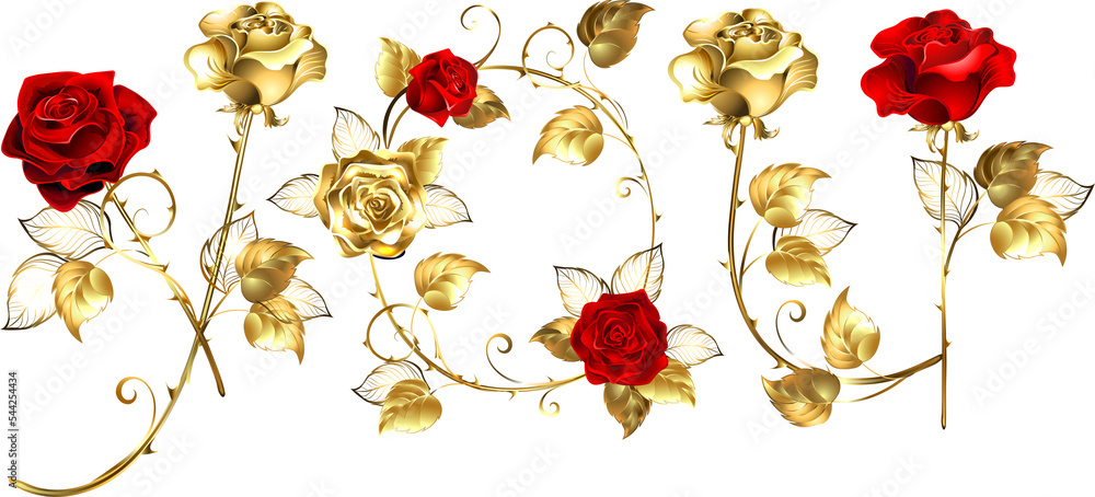 inscription LOVE of gold and red roses