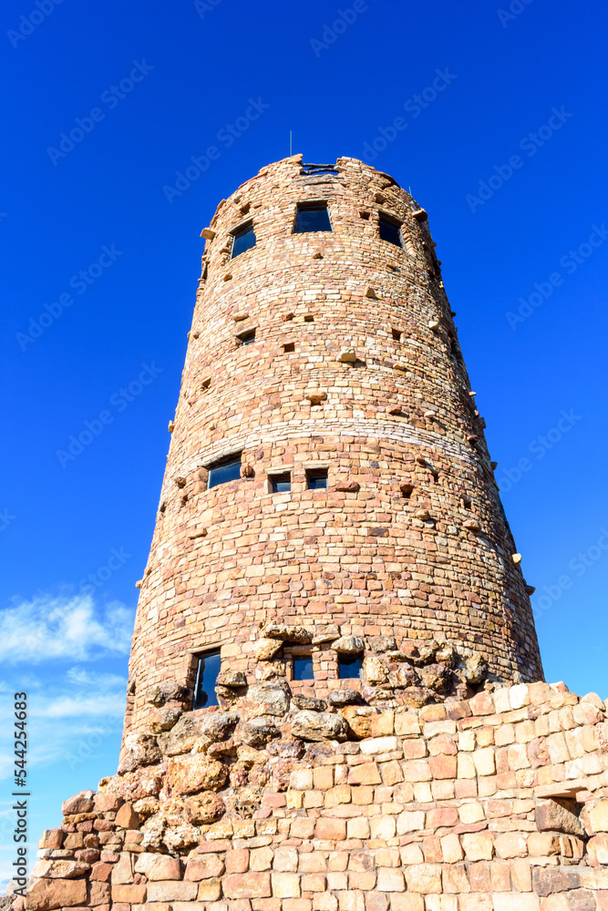 Desert View Watchtower at Grand Canyon. Blue sky. Looking up