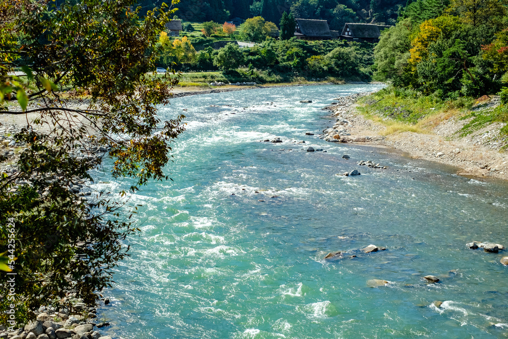 Obraz premium Shokawa River during fall foliage in autumn at Shirakawago from the bridge. 