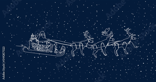 Winter New Year background with blue sky, heavy snowfall, sleigh with Santa Claus and reindeer. Winter Christmas landscape with beautiful falling snow.