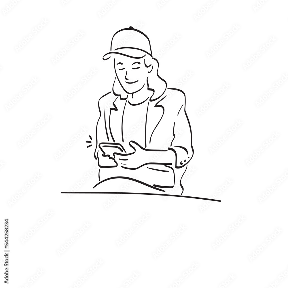 line art businesswoman with cap using smartphone illustration vector hand drawn isolated on white background line art businesswoman with cap using smartphone illustration vector hand drawn isolated on white background