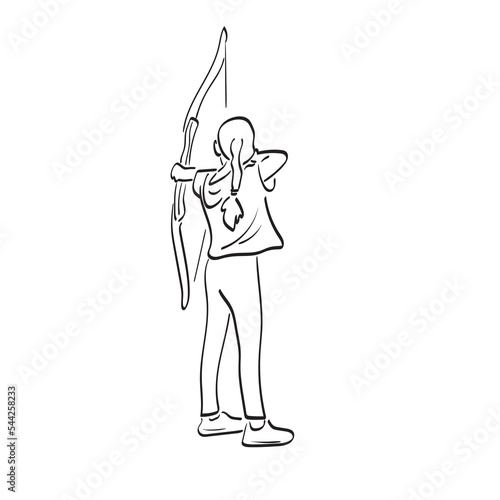 line art girl archery from back view illustration vector hand drawn isolated on white background