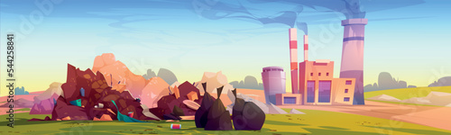 Environment pollution concept with dump and factory. Summer nature landscape with landfill with wastes and garbage, industrial plant with smoking chimneys, vector cartoon illustration