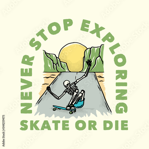 Vintage hand drawn skull skateboard summer mascot character.  Vector design for t-shirt prints, posters, and other uses.