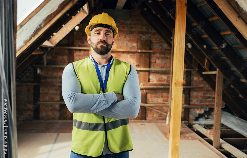 Construction worker, man or arms crossed in house or home and real ...