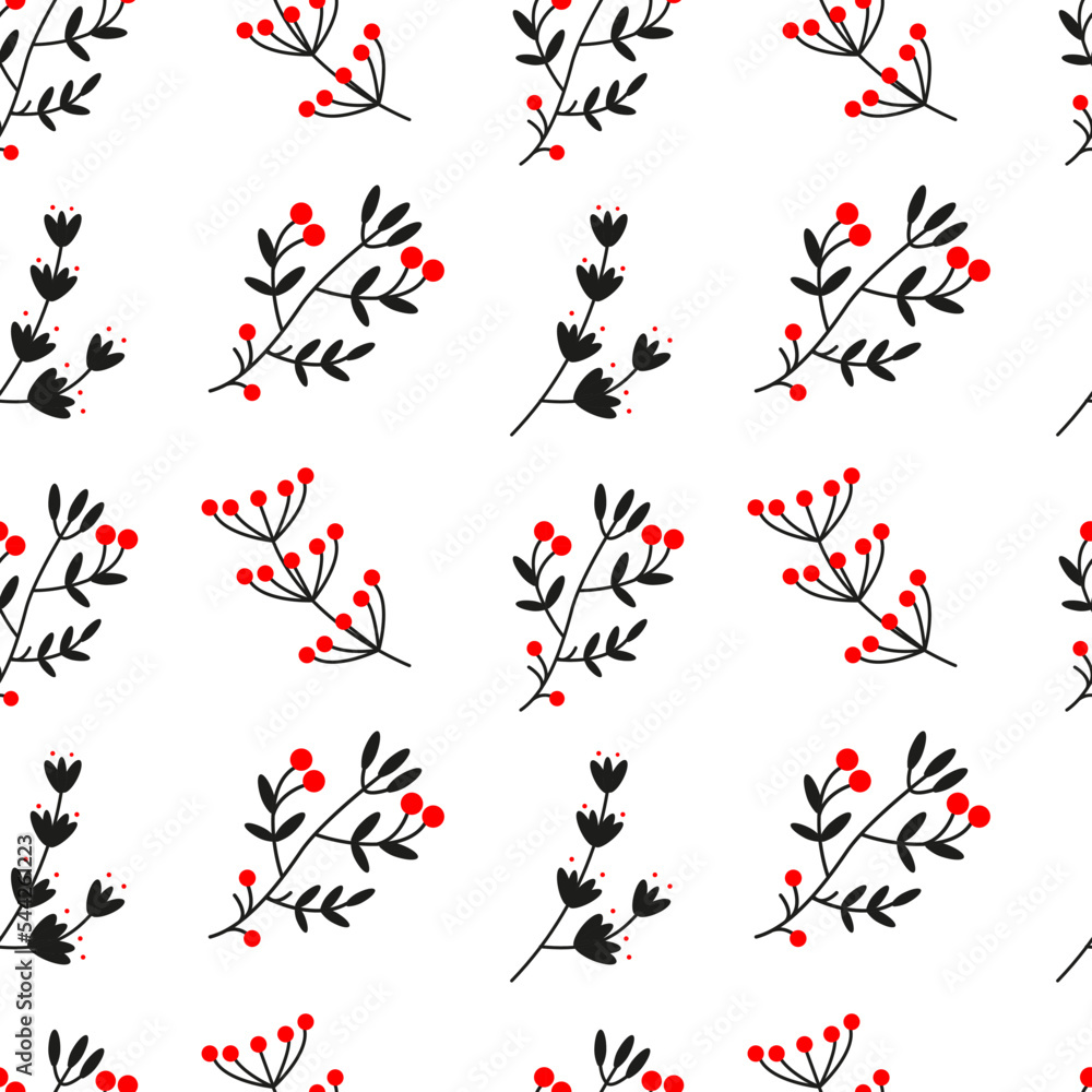 Vector floral seamless pattern with red berries.Floral pattern on white background.