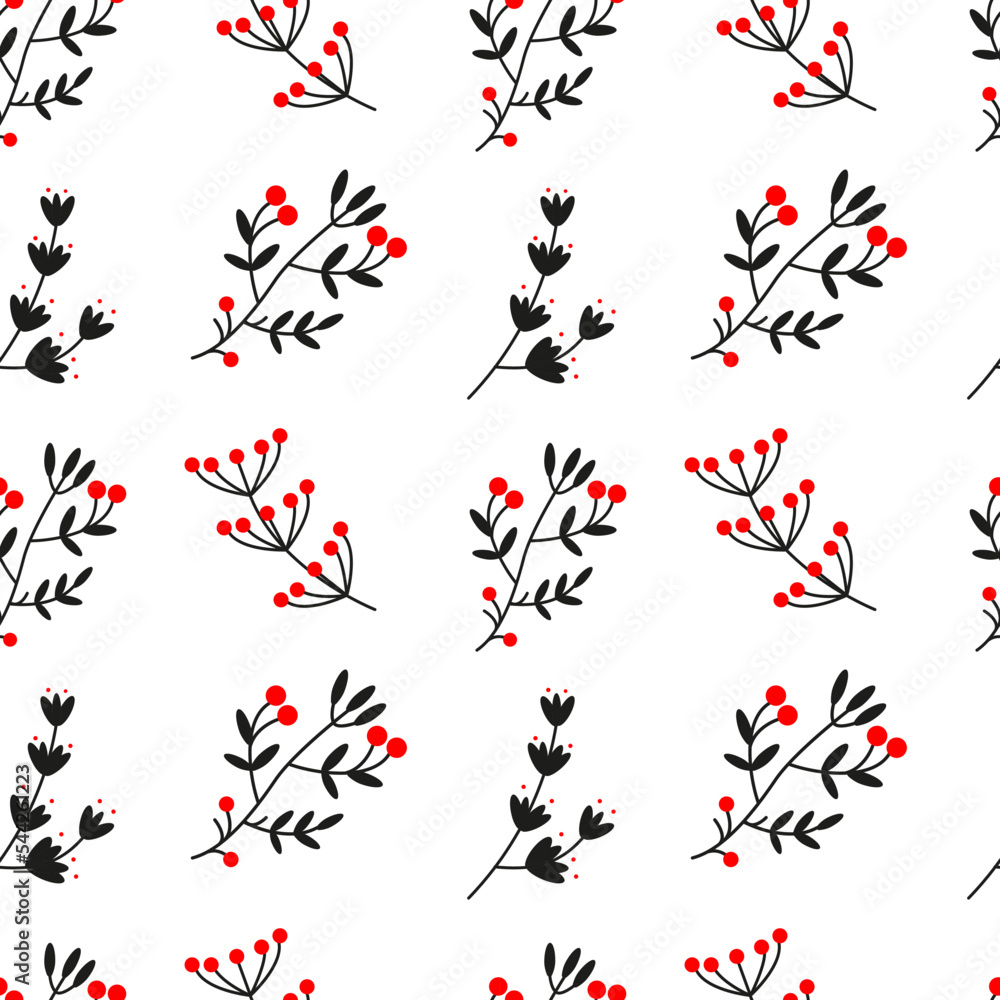 Vector floral seamless pattern with red berries.Floral pattern on white background. Vector floral seamless pattern with red berries.Floral pattern on white background.