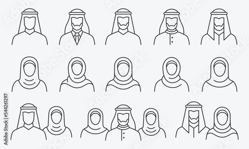 Arabic man and woman icons set. Editable stroke. Vector illustration.
