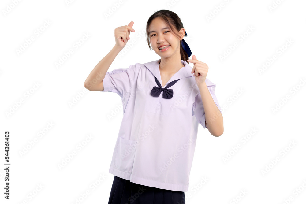 Happy braces Asian student girl in school uniform smiling. PNG file format transparent background. - obrazy, fototapety, plakaty 