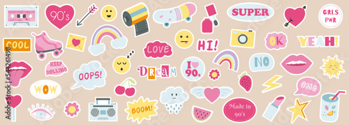 Fashion collection of 90s girly stickers. Vector illustration of hand drawn patches, pins in pink color. Nostalgia 1990 photo