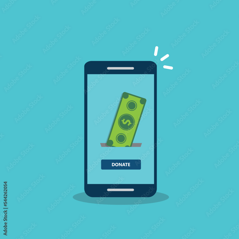 Donate, donation concept. Dollar bill and donate button on a mobile phone. Vector illustration. Donate, donation concept. Dollar bill and donate button on a mobile phone. Vector illustration.