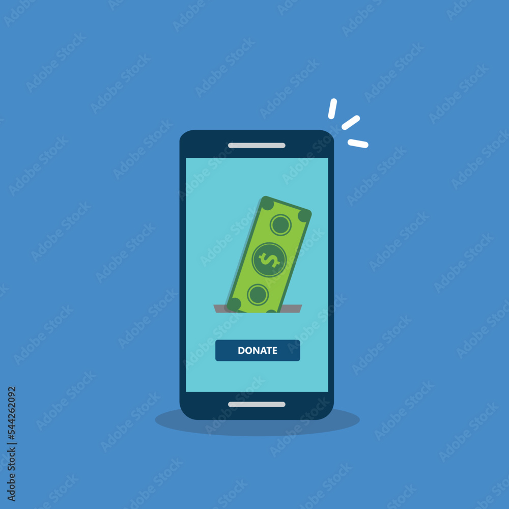 Donate, donation concept. Dollar bill and donate button on a mobile phone. Vector illustration. Donate, donation concept. Dollar bill and donate button on a mobile phone. Vector illustration.