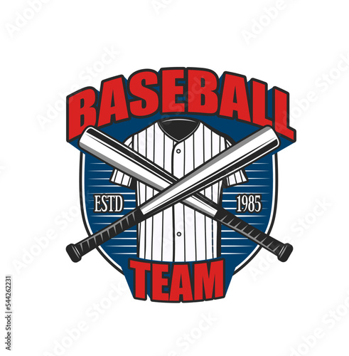 Baseball sport team icon or softball team club vector symbol. Baseball varsity team emblem with catcher or pitcher shirt uniform and crossed bats, tournament or championship game sign
