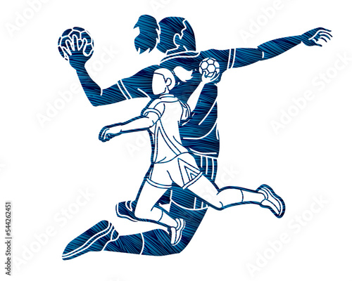Group of Handball Female Players Mix Action Cartoon Sport Graphic Vector