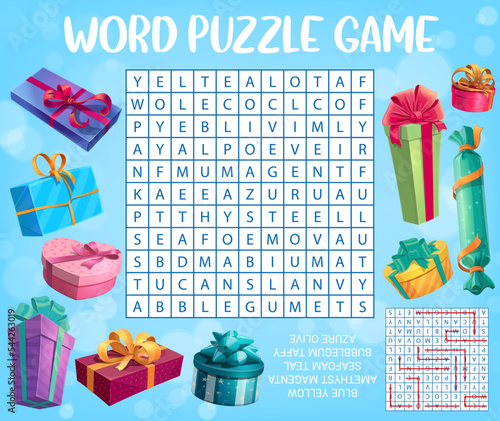 Holiday presents and gifts. Word search puzzle game worksheet, kids quiz grid. Vector crossword brainteaser for children with cartoon boxes with festive bows and latin letters at field word task