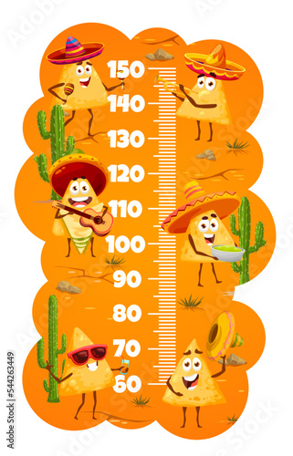 Kids height chart ruler with funny cartoon Mexican nachos chips, vector growth meter. Kids height scale or tall chart with nachos ships in sombrero and poncho with guitar, maracas and guacamole