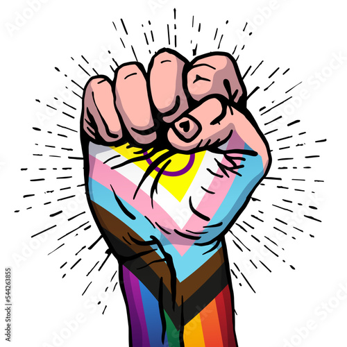 A human hand clenched into a fist. LGBT flag. Flag of progress pride. LGBTQIA + symbols. Rainbow flag. An international symbol