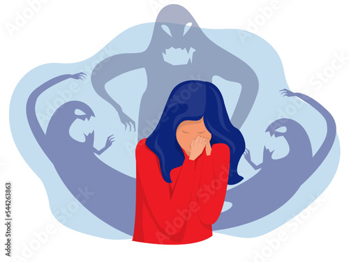 woman fear and crying with imaginary ghosts flying around her Mental disorder and diseases, psychopath or schizophrenic person. Vector in flat style