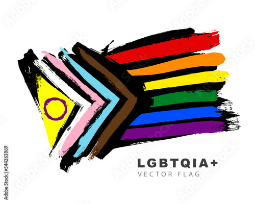 An international symbol of the lesbian, gay, bisexual and transgender community. Flag of progress pride. LGBTQIA + symbols.