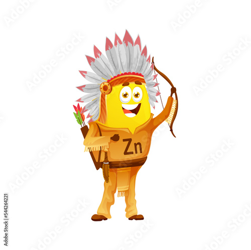 Cartoon zinc or zincum micronutrient indian character. Isolated vector native american wild west Zn vitamin personage with feather tribal headwear and cherokee costume holding a bow