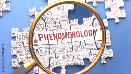 Phenomenology as a complex and multipart topic under close inspection. Complexity shown as matching puzzle pieces defining dozens of vital ideas and concepts about Phenomenology,3d illustration photo