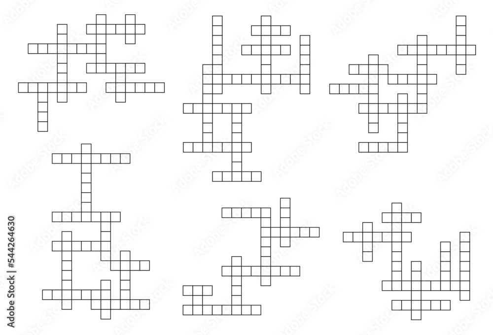 Crossword game grid. Vocabulary game or text playing activity vector grids set. Educational quiz, crossword riddle or intellectual game with words search task