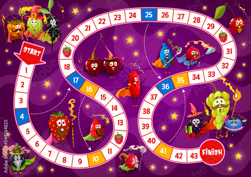 Kids board game cartoon berry wizard, fairy and mages characters. Vector boardgame with cloudberry, gooseberry, bird cherry, strawberry. Grapes, black currant, rosehip and blueberry, honeyberry