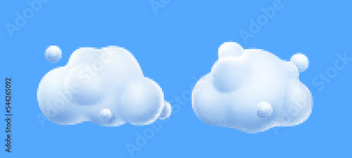 3d render white clouds, cute fluffy spindrift rounded cumulus eddies. Flying weather and nature design elements balloons isolated on blue background, vector illustration in cartoon plastic style icons