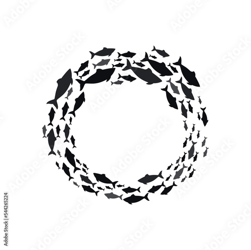 Round frame of swimming aquatic tuna, shoaling and schooling fish in circle silhouette. Vector school of fish swimming in circle, marine cod flock