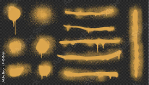 Spray paint drips and lines, golden ink splatters, brush stains with graffiti effect. inky blots in urban street style, blobs or stripes. Design elements isolated on transparent background, Vector set