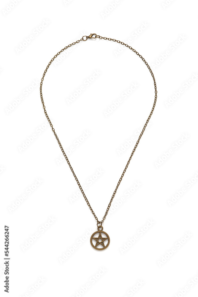 Detail shot of a metal bronze necklace made out of a chain with a pendant in the shape of a pentagram in a circle. The elegant necklace with a lobster clasp is isolated on the white background. Detail shot of a metal bronze necklace made out of a chain with a pendant in the shape of a pentagram in a circle. The elegant necklace with a lobster clasp is isolated on the white background.