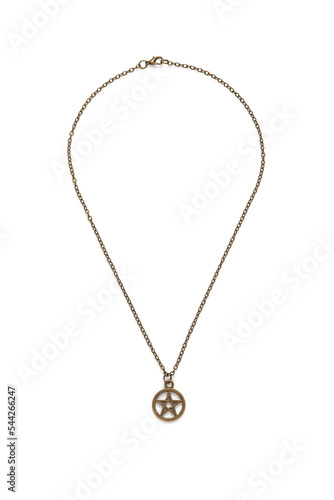 Detail shot of a metal bronze necklace made out of a chain with a pendant in the shape of a pentagram in a circle. The elegant necklace with a lobster clasp is isolated on the white background.