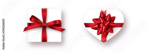Vector illustration background with red realistic ribbon and gift box.set.