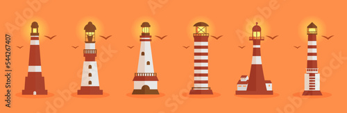A set of flat images of lighthouses. Icons of buildings on the background of a sea sunset, simple graphics. Sea beacon on the shore, seagulls, evening, night. Cartoon style.

