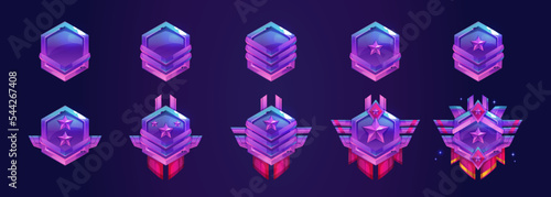 Metal military badges for war game interface. Military icons, set of army rank insignia with stars, chevrons and red pennants in neon light, vector cartoon illustration
