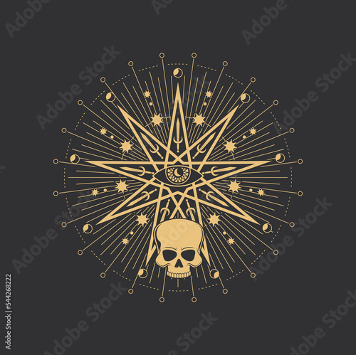 Fototapeta Pentagram, magic esoteric circle, occult star and skull, vector eye symbol for tarot