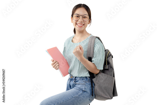 Young Asian student girl wearing glasses. PNG file format transparent background.